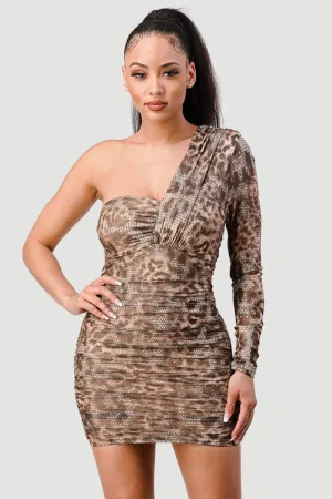 LEOPARD PRINT MESH ONE SHOULDER RUCHED MINI DRESS