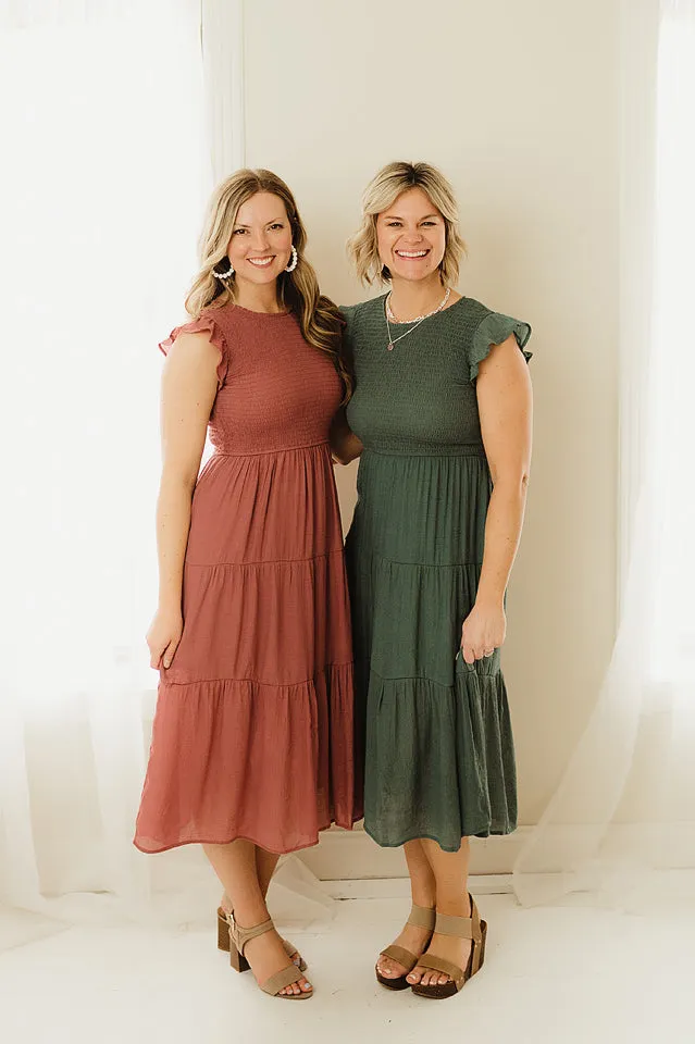 Smocked Flutter Sleeve Midi