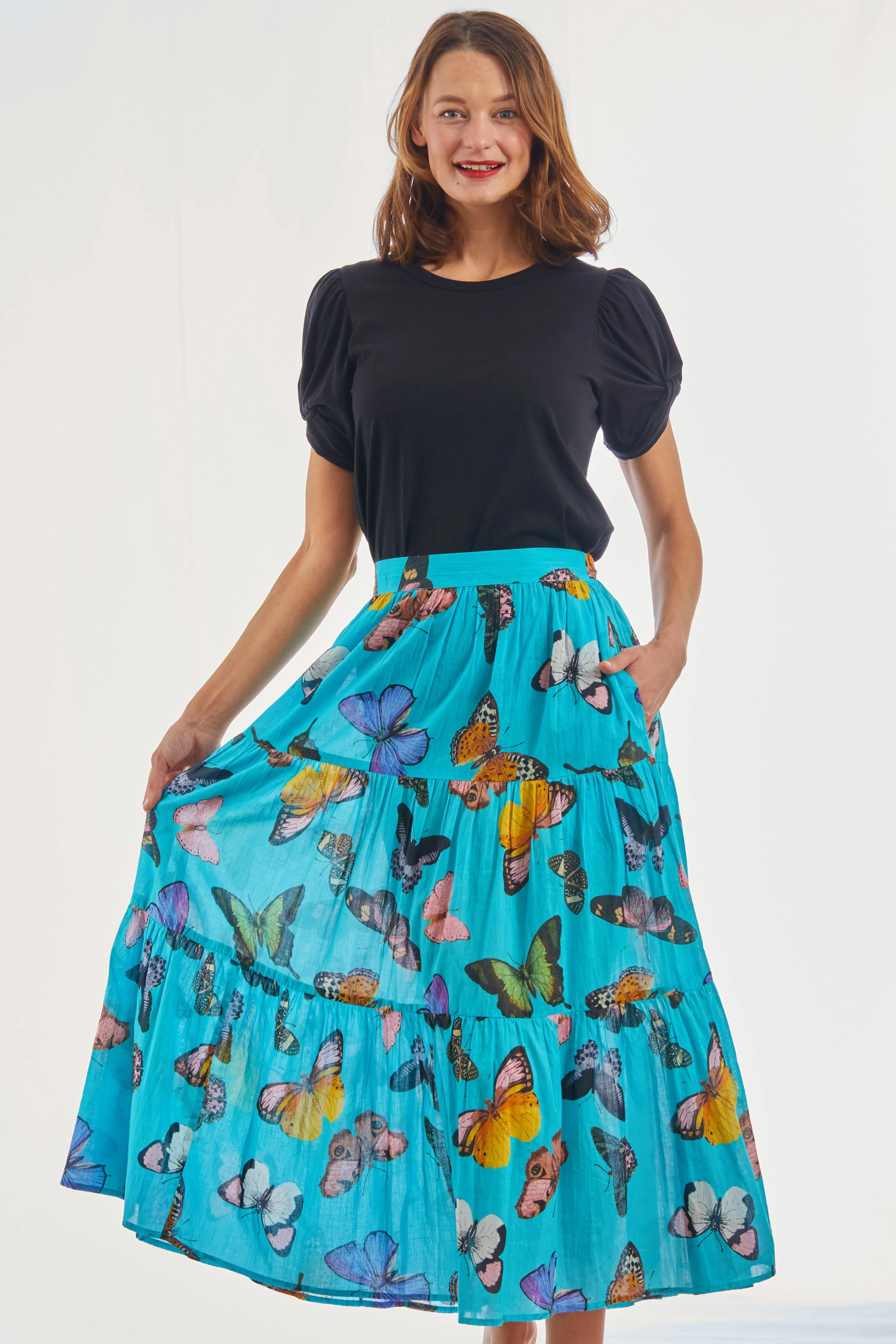 Woodstock Midi Skirt - Turquoise With Butterflies